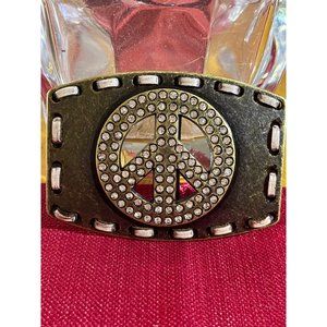 Vintage Womens Metal Western Cowgirl Belt Buckle With Rhinestone Peace Sign.